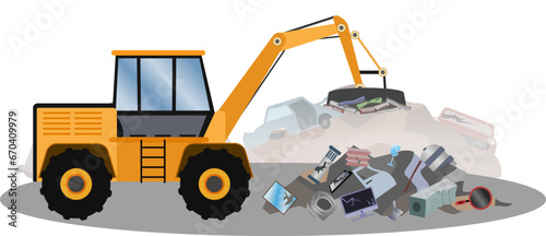 Yellow backhoe with electromagnetic crane lifts iron from steel waste, junkyard magnet crane vector illustration, waste management industry