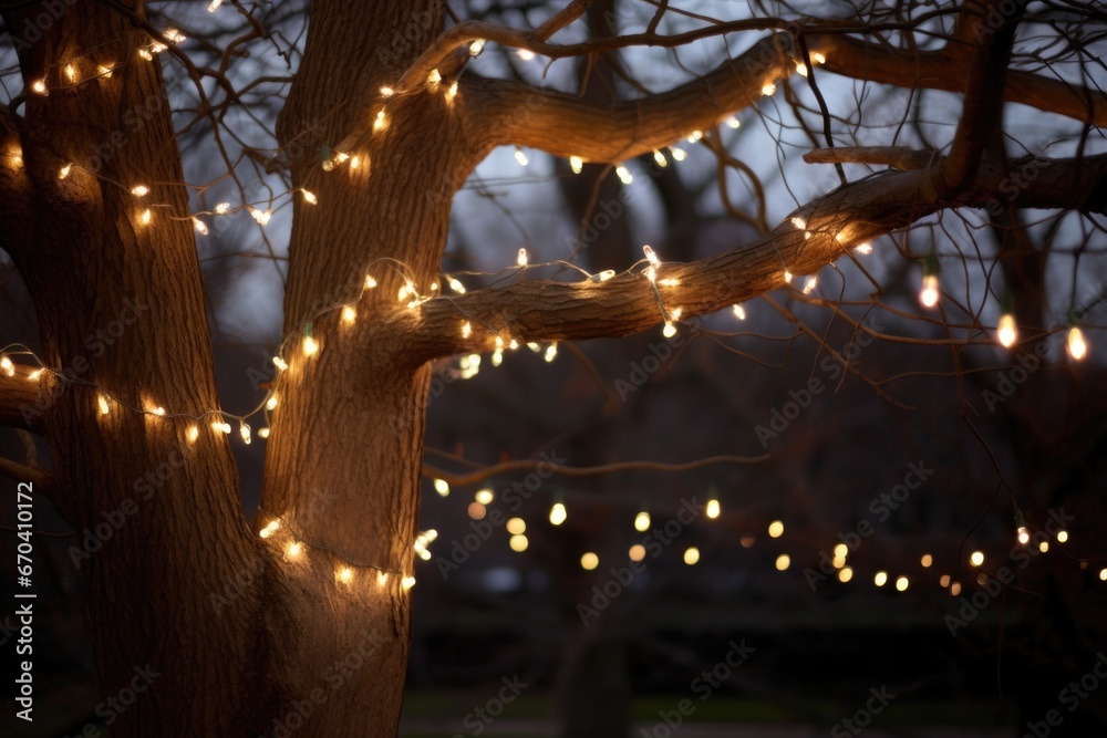 fairy lights strung amongst tree branches