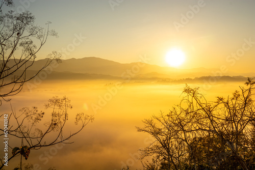 Aerial view of flowing fog on mountain tropical rainforest in the morning