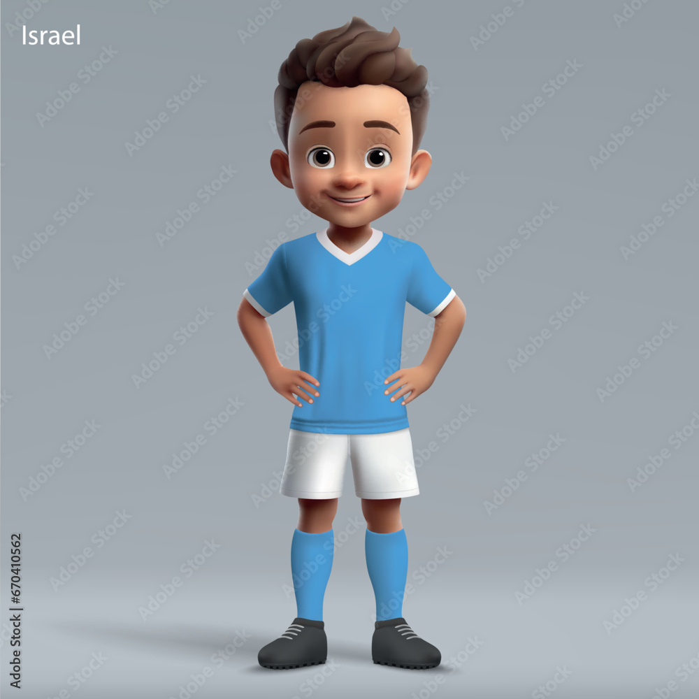 3d cartoon cute young soccer player in Israel national team kit 3d cartoon cute young soccer player in Israel national team kit