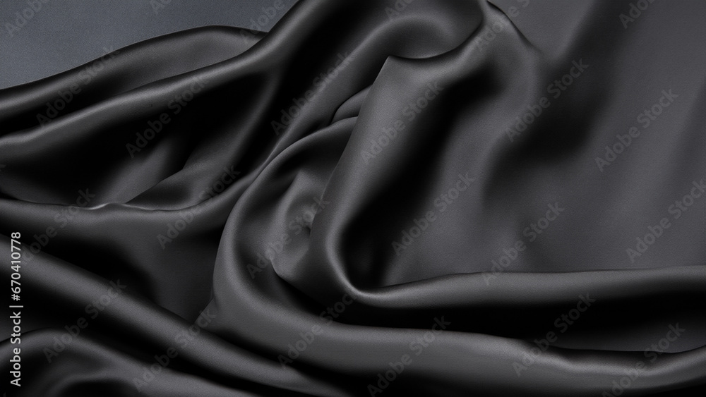 Fototapeta premium Black Silk Satin with Gentle Drapes, Silk Satin with Soft Folds, Silk Fabric Background, Silk Fabric Soft Folds, Luxury Background, 8K UHD