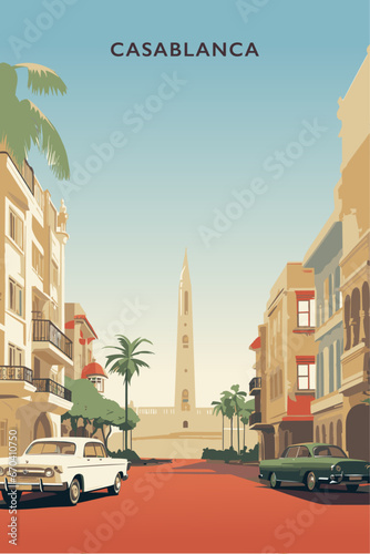 Casablanca city retro poster with abstract shapes of skyline, landscape, houses and street view. Vintage cityscape travel vector illustration of Morocco region panorama