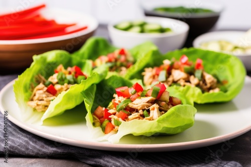 turkey lettuce wraps with cucumber and tomato slices