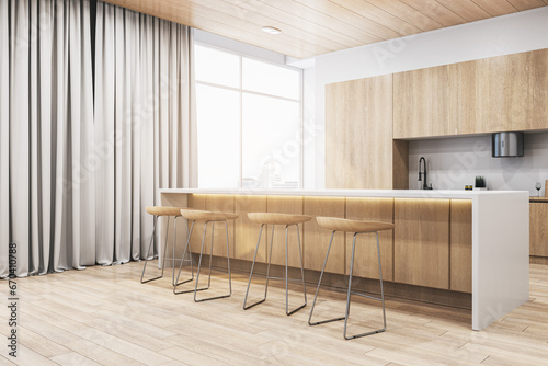 Fototapeta Naklejka Na Ścianę i Meble -  Clean wooden kitchen interior with equipment, island, curtain and window with city view and daylight. 3D Rendering.