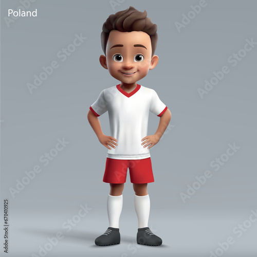 3d cartoon cute young soccer player in Poland national team kit