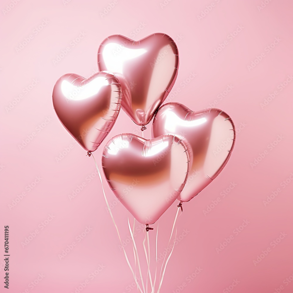 illustration of Air Balloons of heart shaped foil on pastel pink, Generative ai
