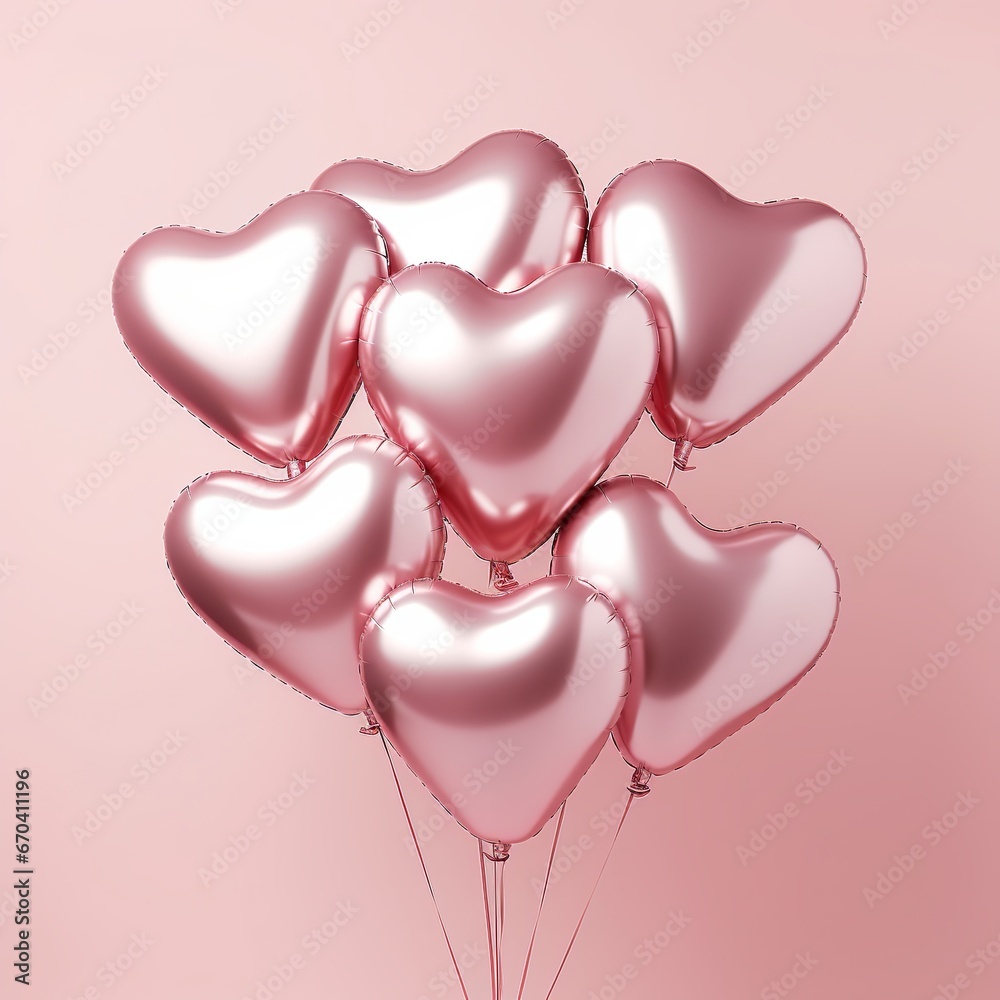illustration of Air Balloons of heart shaped foil on pastel pink, Generative ai