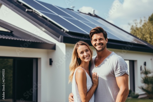 Happy couple stands smiling in the driveway of a large house with solar panels installed. Husband and wife buying new house. Life style real estate concept.