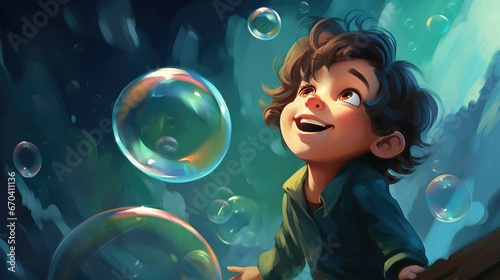 Cartoon little boy playing with bubbles, AI generated Image
