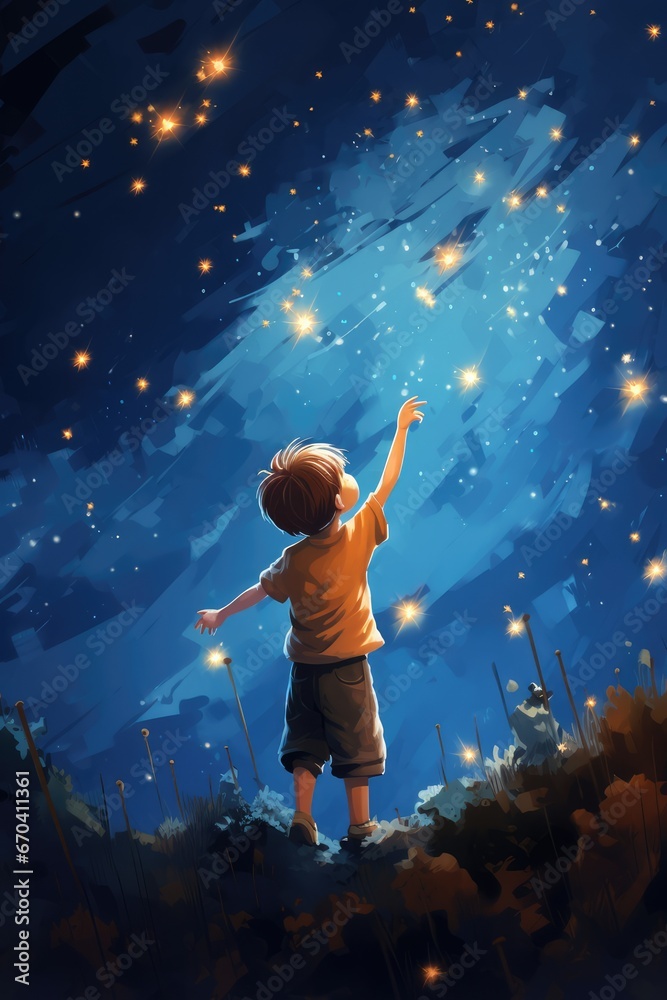 Cartoon little boy reaching for the stars, AI generated Image