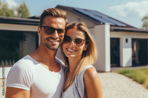 Happy couple stands smiling in the driveway of a large house with solar panels installed. Husband and wife buying new house. Life style real estate concept.