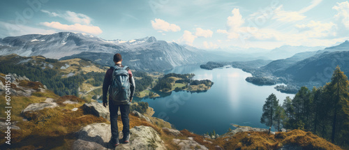  beautiful landscape with mountains and lake with young man standing in the background