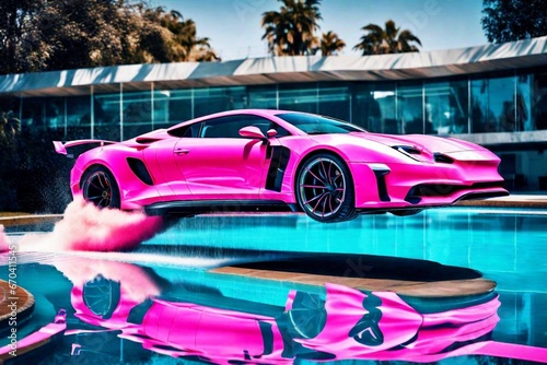 car with flowers, pink car in pool, pool and pink car, pink sport car, sport car