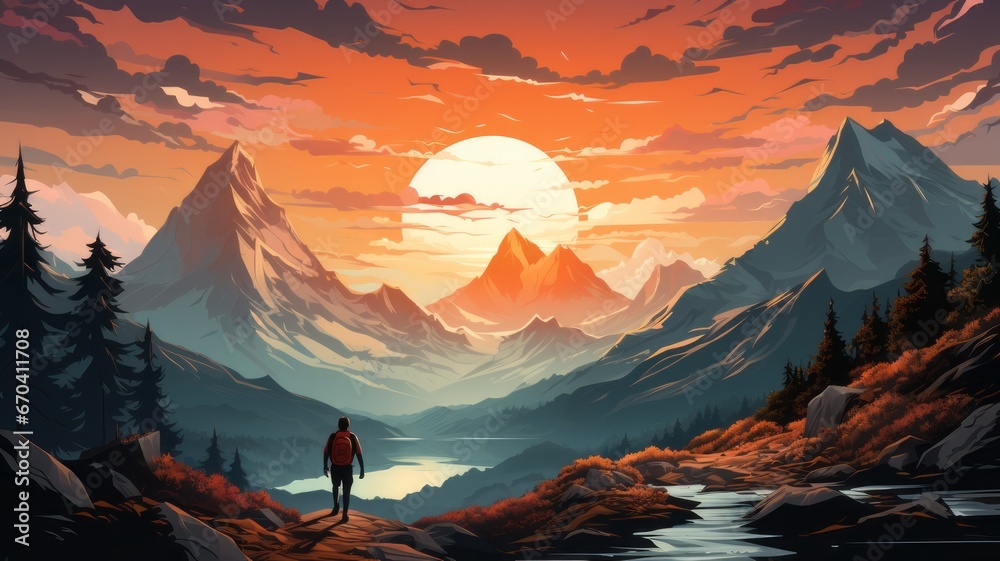 Adventurous traveler explores majestic mountain range at sunset