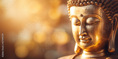 Golden buddha statue with smiling face and large space for text or copy photo