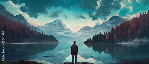  beautiful landscape with mountains and lake with young man standing in the background