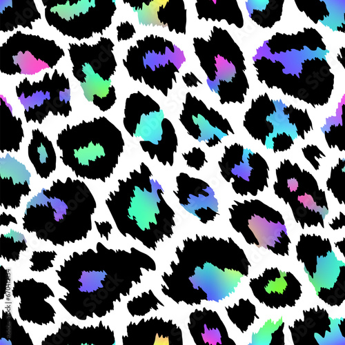 Trendy Neon Leopard seamless pattern. Vector rainbow wild animal cheetah skin  gradient leo texture with black and neon spots on white background for fashion print design  backgrounds  wrapping