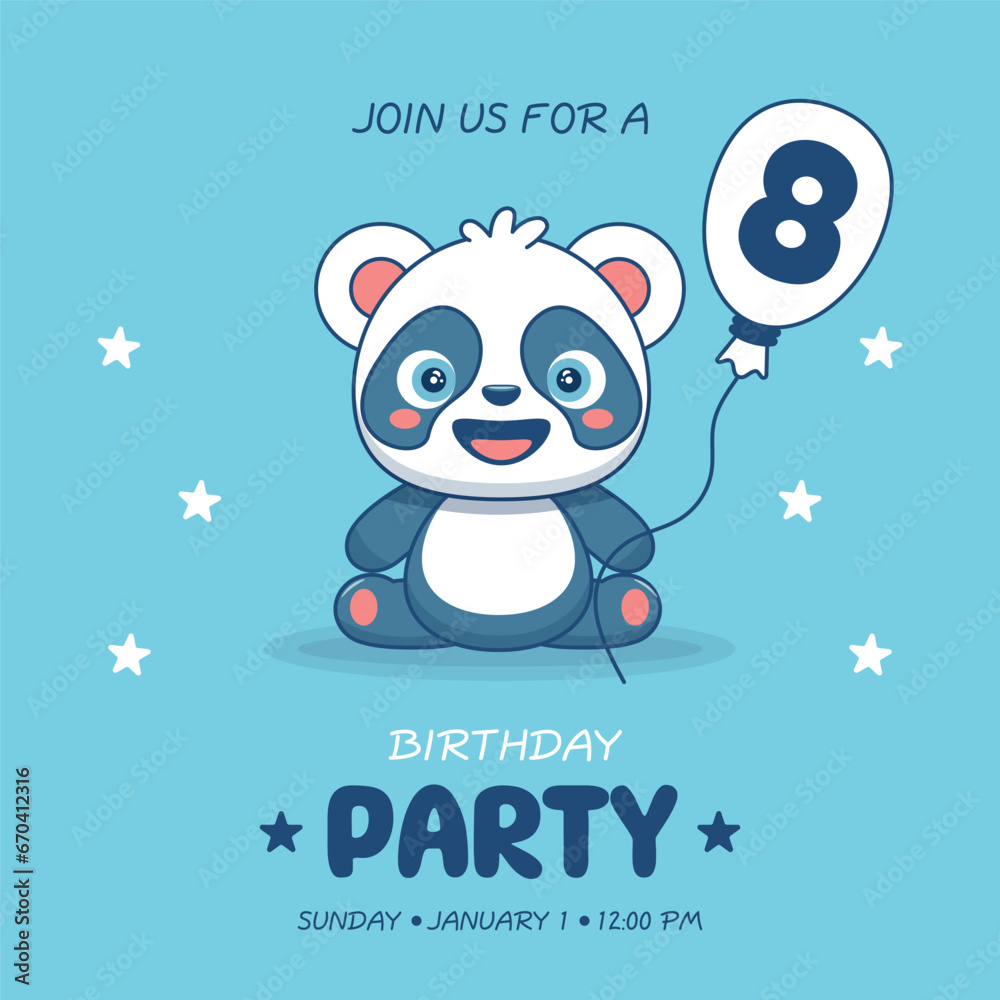 Cute baby boy panda. Birthday invitation for 8 year. Vector illustration Cute baby boy panda. Birthday invitation for 8 year. Vector illustration