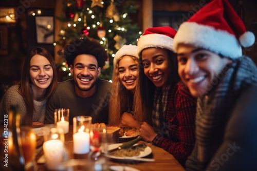 A photo of a group of teenage boys and girls celebrating Christmas at a dining table inside a house with a backdrop decorated with sparkling colorful lights.