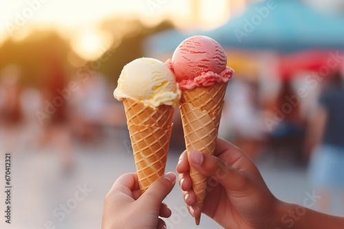 Summer ice cream cones in couple hands. 