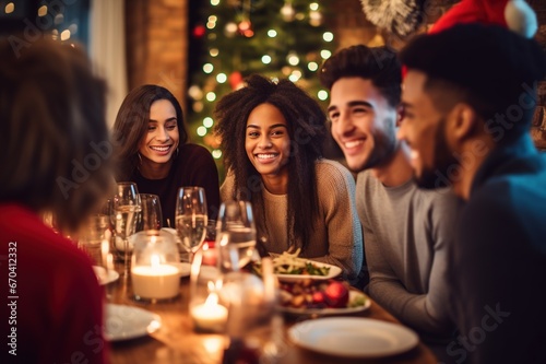 A photo of a group of teenage boys and girls celebrating Christmas at a dining table inside a house with a backdrop decorated with sparkling colorful lights.