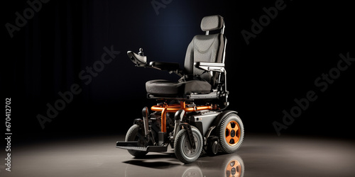 An electric wheelchair with a backrest in front of a dark background photo
