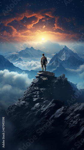 One person hiking mountain peak admiring Milky Way galaxy