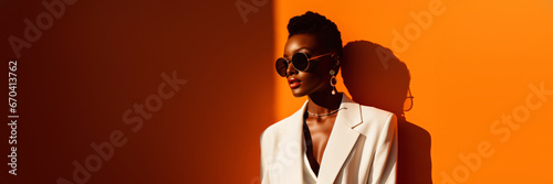 portrait of a cool and modern black woman with sunglasses in front of a orange wall background with copy space photo