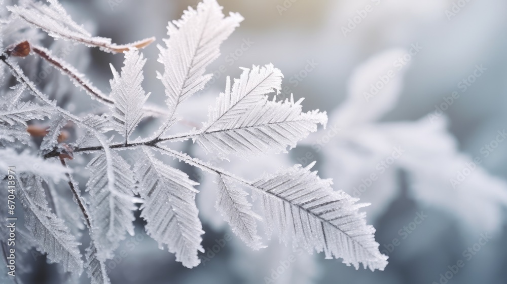 Frozen tree Branch background. Hello winter concept. Frost snow covered branches. snowy hoarfrost forest close-up Wallpaper, poster. Beautiful Amazing nature scene. Winter wonderland. Idyllic nature..