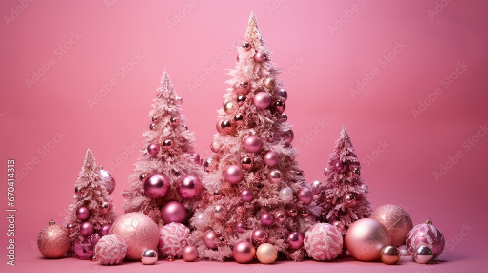 Pinkmas concept. Pink Christmas tree branches decorated with ornaments in pink color. Merry Xmas, Happy New Year 2024 in trendy colors. Vibrant colorful background for cards, invitations, greetings. Pinkmas concept. Pink Christmas tree branches decorated with ornaments in pink color. Merry Xmas, Happy New Year 2024 in trendy colors. Vibrant colorful background for cards, invitations, greetings.