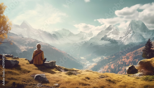 Girl sitting on a rock admiring the beautiful landscape view of snow covered mountains and cloudy sky. Created with Generative AI technology