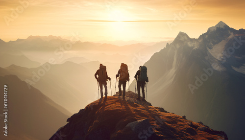 People standing on top of mountain admiring beautiful sunrise. Created with Generative AI technology