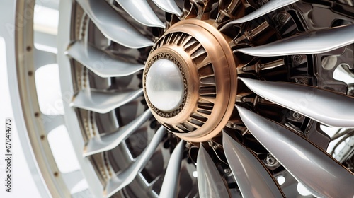 A close-up shot capturing the intricate details of an airplane's engine turbines, with every rivet and blade defined, isolated on a pristine white background. photo