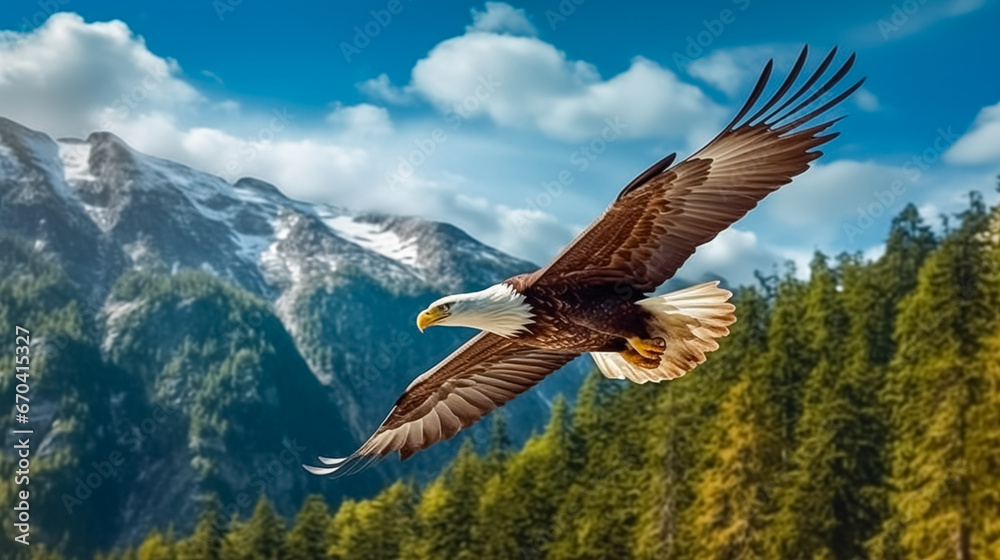 Bald Eagle in flight against the background of a mountain landscape. Bald Eagle in flight with snow capped mountains in the background. Bald Eagle in flight against the background of a mountain landscape. Bald Eagle in flight with snow capped mountains in the background.