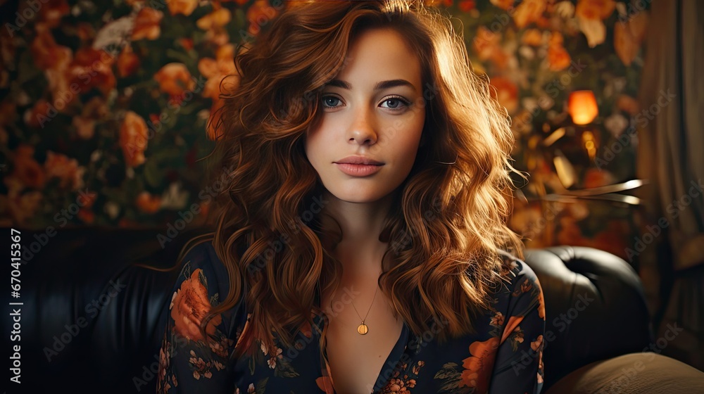 Happy young woman looking at camera. Portrait of comfortable woman in winter clothes relaxing. Portrait of beautiful girl smiling and relaxing during autumn. Generative AI art Happy young woman looking at camera. Portrait of comfortable woman in winter clothes relaxing. Portrait of beautiful girl smiling and relaxing during autumn. Generative AI art