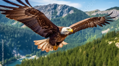 Bald Eagle in flight against the background of a mountain landscape. Bald Eagle in flight with snow capped mountains in the background.