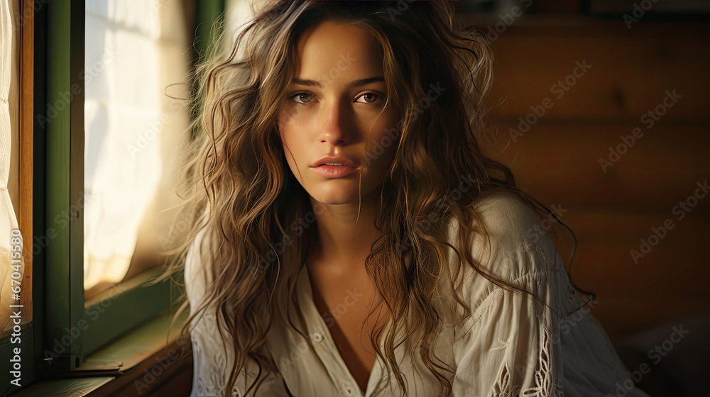 Beautiful sad lonely girl sitting near the window is missing. Sad emotion illustration. Generative AI Beautiful sad lonely girl sitting near the window is missing. Sad emotion illustration. Generative AI