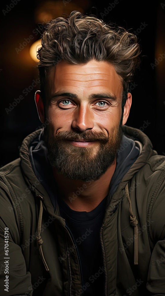 Obraz premium Attractive swedish man with stylish hair and beard laughs at funny story from friend with crossed hands and closed eyes. Man portrait illustration. Generative AI