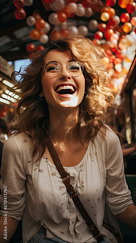 Cheerful happy young beautiful girl looking at camera smiling laughing over background. Smile emotion illustration. Generative AI Cheerful happy young beautiful girl looking at camera smiling laughing over background. Smile emotion illustration. Generative AI