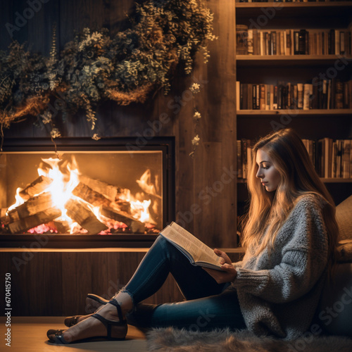 Woman reading a book next to the fireplace.