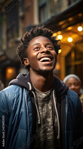 Handsome unshaven young dark-skinned male laughing out loud at funny meme he found on internet, smiling broadly, showing his white straight teeth. Smile emotion illustration. Generative AI