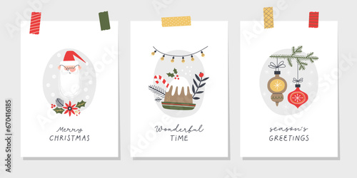 Christmas greeting cards or tags with lettering and hand drawn design elements. Postcard or invitation template. 