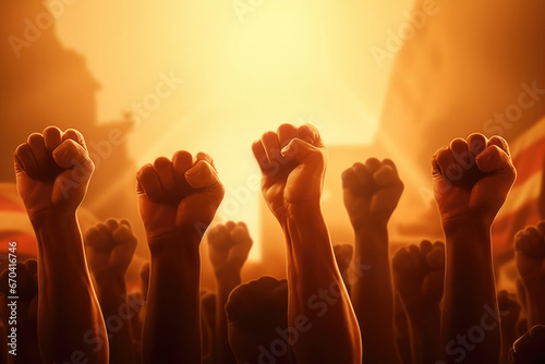 Peoples Raised Fists, Sunlight, Symbolize Competition And Teamwork