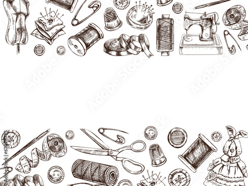 Vintage hand drawn sewing template. Handmade, sewing equipment concept in vintage doodle style. Template with an empty space in the center.