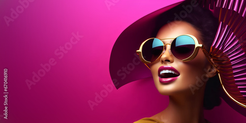 portrait of a luxury woman with sunglasses and hat in front of a abstract purple background