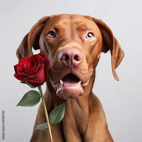 illustration of Charming red-haired vizsla dog with eyes closed hold  Generative ai