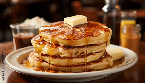 Golden pancakes stacked high on a plate, drizzled with syrup and topped with a melting pat of butter, accompanied by beverages in a cozy setting