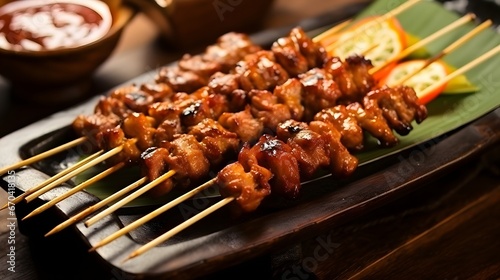 indonesian sate sticks made of chicken on mini presentation grill on restaurant table, delicious traditional food photo