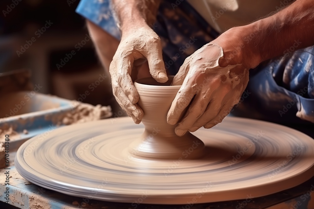 Pottery Wheel In Action, Hands Shaping Clay, Creative Process Pottery Wheel In Action, Hands Shaping Clay, Creative Process