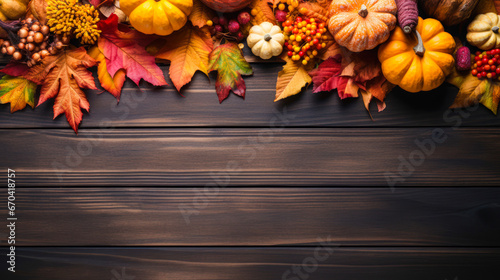 Autumn frame. Colorful maple leaves and pumpkins on wooden background. Flat lay, top view, copy space. Autumn fall, harvest, thanksgiving concept